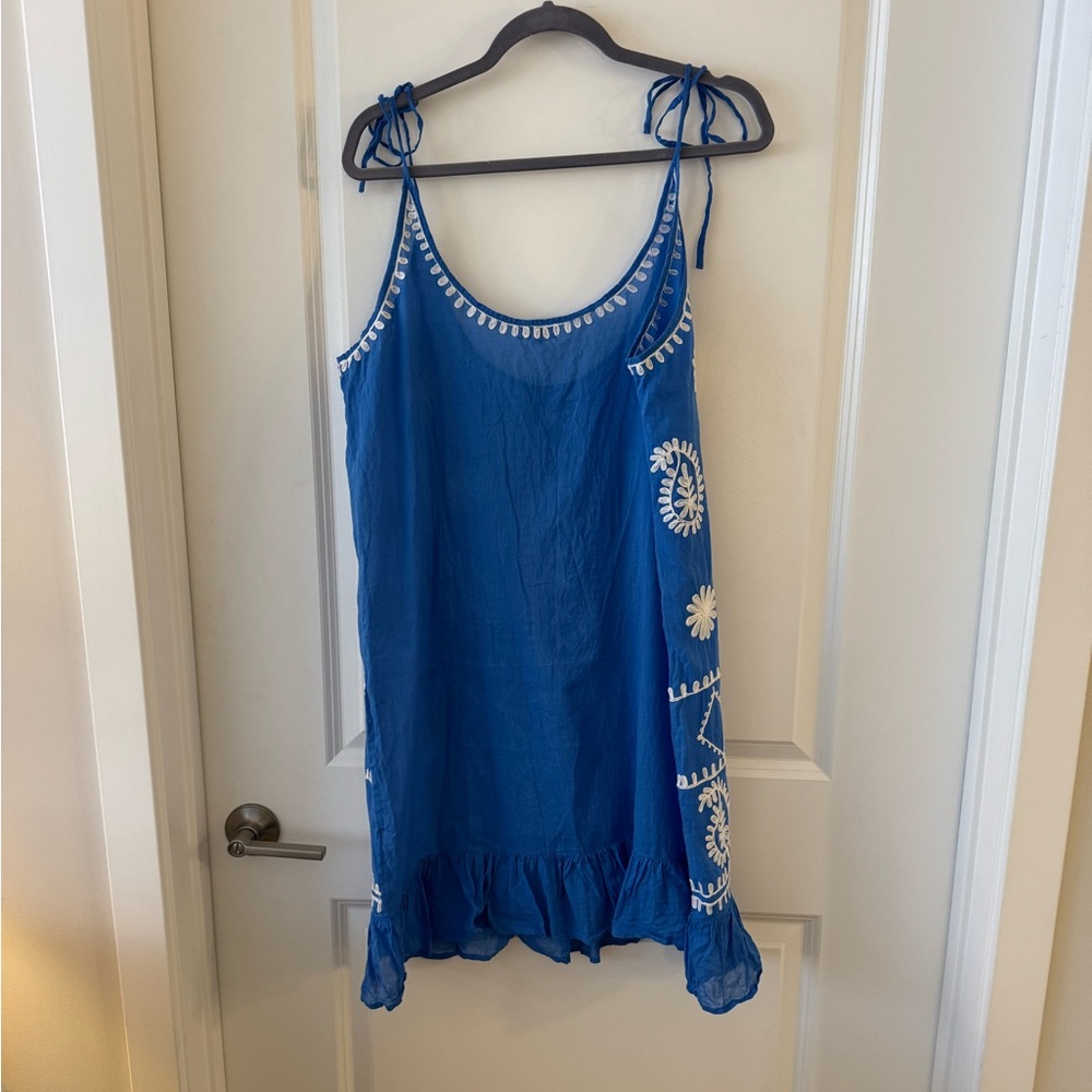 Women's Blue Embroidered Tie-Shoulder Swim Coverup - Picture 3 of 7